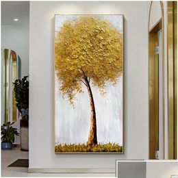 Paintings Abstract 3D Oil Painting Gold Thick Art Handmade Canvas Fortune Tree Pictures Wall Artwork Living Room Decoration Drop Deliv Dhmkm