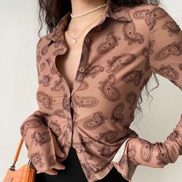 Women's Polos 2024 Retro Print Top Spring/Summer Wear Product Small Market Design Polo Collar Long Sleeve Shirt Wholesale Source