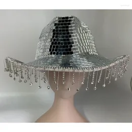 Berets Handmade Cowboy Hat Mirror Reflective Ball And Crystal Tassels For Girl Boys Carnivals Music Festival Dropship