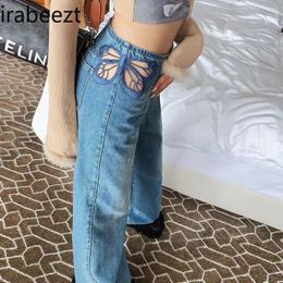 Women's Jeans 2024 Fashion Design Hollow Out Butterfly Embroidery Sexy Temperament High Waist Slim Straight Leg Pants