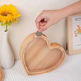 Piggy Bank Wooden Heart Shaped Coin Money Saving Box Jar Coins Storage Desktop Ornament Home Decor Crafts Xmas Birthday Gift 240518