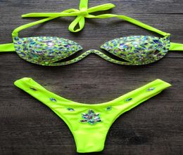 2020 Sexy Halter Neon Green Crystal Swimwear Women Push Up Bikinis Rhine Diamond Luxury Women Bathing Suits Plus Size3701742