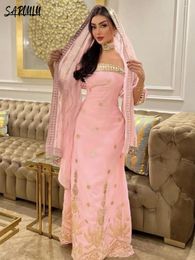 Party Dresses Pink Strapless Evening Dress Muslim Kaftan Caftan Sequins Sleeveless Elegant Appliques Gown Vestidos De Gala