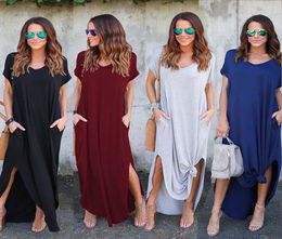 Women Summer dresses Clothes Stylish Pullover Maxi A type knit Casual Long Dress Short Sleeve Backless Lady Clothing Pocket6446144