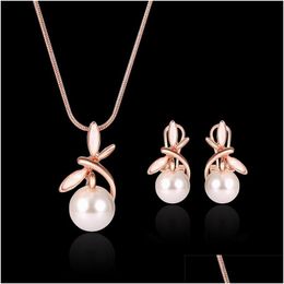 Earrings Necklace Pearl Set For Wedding Party Rose Gold Alloy Jewellery Fashion Trend Women Girls Lady Round Pendant Drop Delivery Set Dhvxy