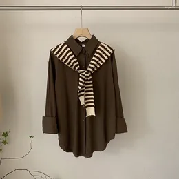 Women's Polos Fashion Simple Temperament Casual Solid Colour Loose Long-sleeved Single-breasted Lapel Mid-length Shirt With Striped Shawl