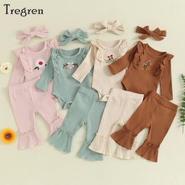 Clothing Sets Tregren 0-12M Infant Born Baby Girls Outfit Long Sleeve Embroidery Flower Romper With Flare Pants Headband 3pcs Set Clothes
