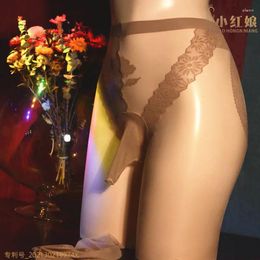 Men's Socks Sexy Lace Pantyhose Tights Silk Silky Flower Love Hip Line Crotch 3D Ultra-Thin Invisible Traceless Stockings Underwear