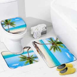 Bath Mats Ocean Beach Mat Coconut Tree Starfish Blue Wooden Board Toilet Decor Non-Slip Carpet Cover Bathtub Decoration Sets