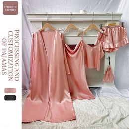 Home wear minimalist five piece set, solid color sexy pajamas, women's thin pajamas, suspender shorts, suspender skirt set