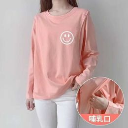 Maternity Tops Tees Autumn Long Sleeve Nursing T-shirt Fashion Letters Print Maternity Cotton Lactation Clothes Postpartum Woman Breastfeeding Tees Y240518