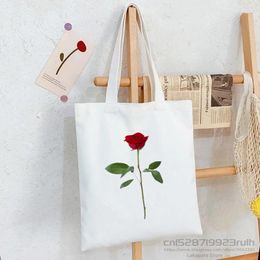 Shopping Bags Fashion Cartoon Floral Shoulder Bag For Women Reusable Nordic Rose Flower Double Sided Print Casual Canvas Tote Handbag