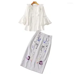 Work Dresses Ruffled Flare Sleeve White Blouses Flowers And Birds Embroidered Bodycon Midi Skirt