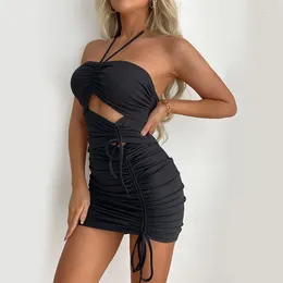 Casual Dresses Summer Women Dress Spaghetti Strap Strapless Folds Sexy Lace Camisole Neck-Mounted Sleeveless Hip-Hugging Black