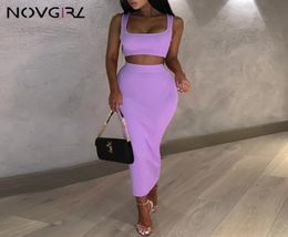 Novgril Rib Knit Two Piece Set Dres Summer Neon Vest Crop Top and Long Skirt 2 Piece Suit Sexy Club Party Midi Dress Y2005122833441