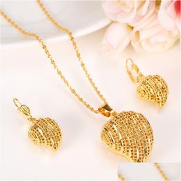 Earrings Necklace Heart Pendant Jewelry Sets Classical Necklaces Set 24K Solid Yellow Fine Gold Gf Arab Africa Brides Dowry Drop Deliv Otj2G