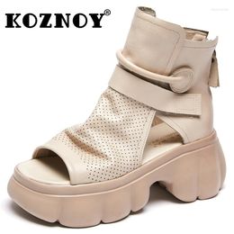 Boots Koznoy 7cm 2024 Cow Genuine Leather Hollow Fashion Ankle Booties Women Summer Sandals Moccasins Chimney Zip Peep Toe Shoes