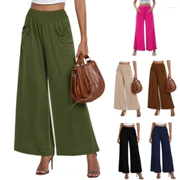 Women's Pants Women Casual Loose Wide Leg Palazzo Pant Plain Solid Smocked Elastic High Waist Pleated Flared Trousers With Pockets
