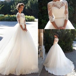 Bateau 3 4 Long Sleeves Pearls Tulle Princess Cheap Bridal Ball Gowns Plus Size Country Vintage Lace Millanova 2020 Wedding Dresses 252h