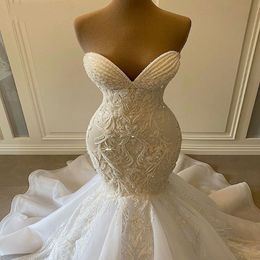 Brautkleider Sexy Schatz Meerjungfrau Afrikanische Brautkleider 2022 Luxus Perlen Stickerei Frauen Weiß Organza Robe de Mariee 228o