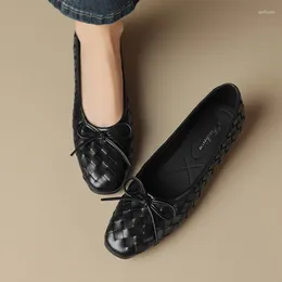 Casual Shoes Luxury Black Cow Leather Women Flats Weaved Design Shallow Espadrilles Slip On Dress Moccasins Bowknot Working Creepers Zapatos