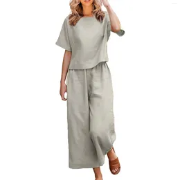 Women's Two Piece Pants Suit Plus Size Summer Solid Colour Set Casual Round Neck Short-sleeved T Shirt Wide-leg Two-piece Femme