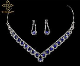 TREAZY 2019 New Royal Blue Crystal Bridal Jewellery Sets Rhinestone Statement Choker Necklace Earrings Women Wedding Jewellery Sets2512501