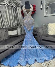 Party Dresses Luxury Blue Sequins Mermaid Prom 2024 For Black Girl Beaded Crystal Halter Birthday Dress Rhinestones Evening Gown