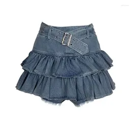 Skirts Korean Sweet Ruffles Belt Women Denim Skirt Solid High Waist Female Ball Gown Fashion Patchwork All Match Ladies Mini