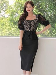 Work Dresses Fashion Summer Formal 2 Pieces Outfit Women Clothing Elegant Pretty Retro Lace Tops Shirt Blouse High Waist Midi Skirt Mujer