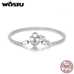 WOSTU Solid 925 Sterling Silver Heart Lock Key Basic Chain Bangle Bracelet For DIY Charm Beads Snake Chain Links Jewelry Gift 240518
