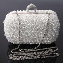 Wholesale- Women Bag Two Side Beaded Women's Pearl Clutch Evening Bag Beaded Handbag Beige White Pearl Beads Clutch Bag Shoulder M 272b