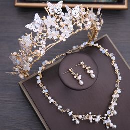 Luxury Crystal Beads Pearl Butterfly Costume Jewellery Sets Floral Choker Necklace Earrings Tiara Wedding Set 240506