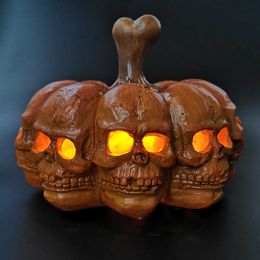 Decorative Objects Figurines Halloween resin LED pumpkin lamp with 8-sided skull handheld night light atmosphere decoration desktop H240517