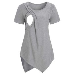 Maternity Tops Tees New Maternity Clothes Womens Short Sleeve Crew Neck Solid Colour Asymmetrical Flap Nursed Tops Casual T Shirt For Breastfeeding Y240518