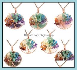 Pendant Necklaces 7 Chakra Healing Crystal Natural Round Gemstone Necklace Tree Of Life Copper Wire Wrapped Reiki Jewellery Dhgirlss4911326