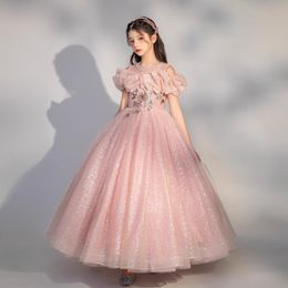 2024 Kids Formal Wear Elegant Birthday Dress off shoulder princess Ball Gown Flower Girl Dresses for Wedding TUTU Cute Princess Kids Gown pink sequined pageant gowns