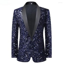 Men's Suits Shinning Blue Sequin Tuxedo Blazer Jacket Shawl Collar One Button Glitter Dress Blazers Mens Party Prom Wedding Costumes