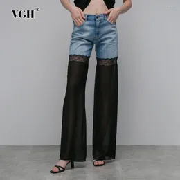 Women's Jeans VGH Hit Colour Patchwork Lace Casual For Women High Waist Spliced Pockets Streetwear Loose Wide Leg Pants Female Fashion