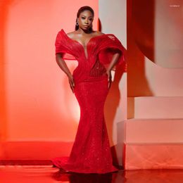 Party Dresses Gorgeous Red African Prom 3D Pleated Off Shoulder Beaded Lace Bridal Shoot Dress Gown Wedding Reception