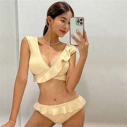 Women's Swimwear Sexy Wrap Bikini Women Solid White Swimsuit Ruffle Belt Biquini Korea Style Crop Top Tummy Control Pads Cut Out