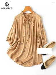 Women's T Shirts BirdTree 93%Real Silk Elegant T-Shirts Women O Neck Lantern Sleeve Jacquard OL Literature Loose Tops 2024 Summer T45397QC