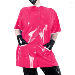 Women's Blouses Wetlook Short Sleeve PVC Leather Button-up Long T-shirt Unisex Patchwork Round Collar Pockets Loosely Coat Tops Cosplay