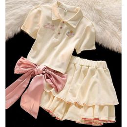 Work Dresses Dress Sets Two Piece Women Outfits Sweet Korean Style Bow Polo-Neck Short Sleeve Cropped T-shirt And Fluffy Skirt For