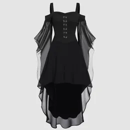 Casual Dresses Halloween Lace-Up Bandage For Women Fashion Gothic Style Vintage Midi Dress Croset Long Flare Sleeve Clothing