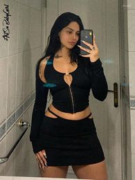 Work Dresses Sexy Long Sleeve Two Piece Set Halter Top Cut Out Mini Skirt Club Outfits Summer Autumn Streetwear Black Dress Sets