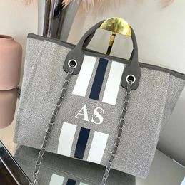 Storage Bags Customised Tote Bag Canvas Grey Chain Handbag Personalised Navy White Stripe Initials Beach Holiday