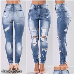 Womens Jeans Fashion Pencil Skinny Denim Pants Women Washed Stretch Mid Waist Hole Ripped Hollow Out S-3Xl Drop Delivery Apparel Clot Dhpkd