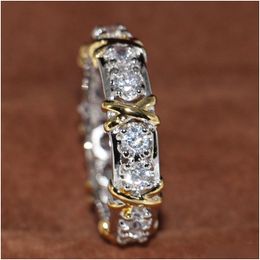 Rings Wholesale Professional Eternity Diamonique Cz Simated Diamond 10Kt White Yellow Gold Filled Band Cross Ring Size 5-11 Drop Deli Dho9M