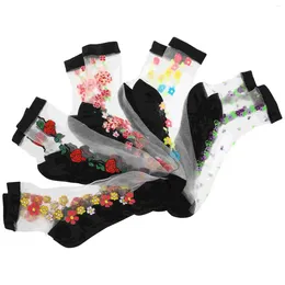 Women Socks Fishnet Short Cotton Flower Embroidered Mesh Ankle Athletic Low Cut Summer For ( Black Random Pattern )